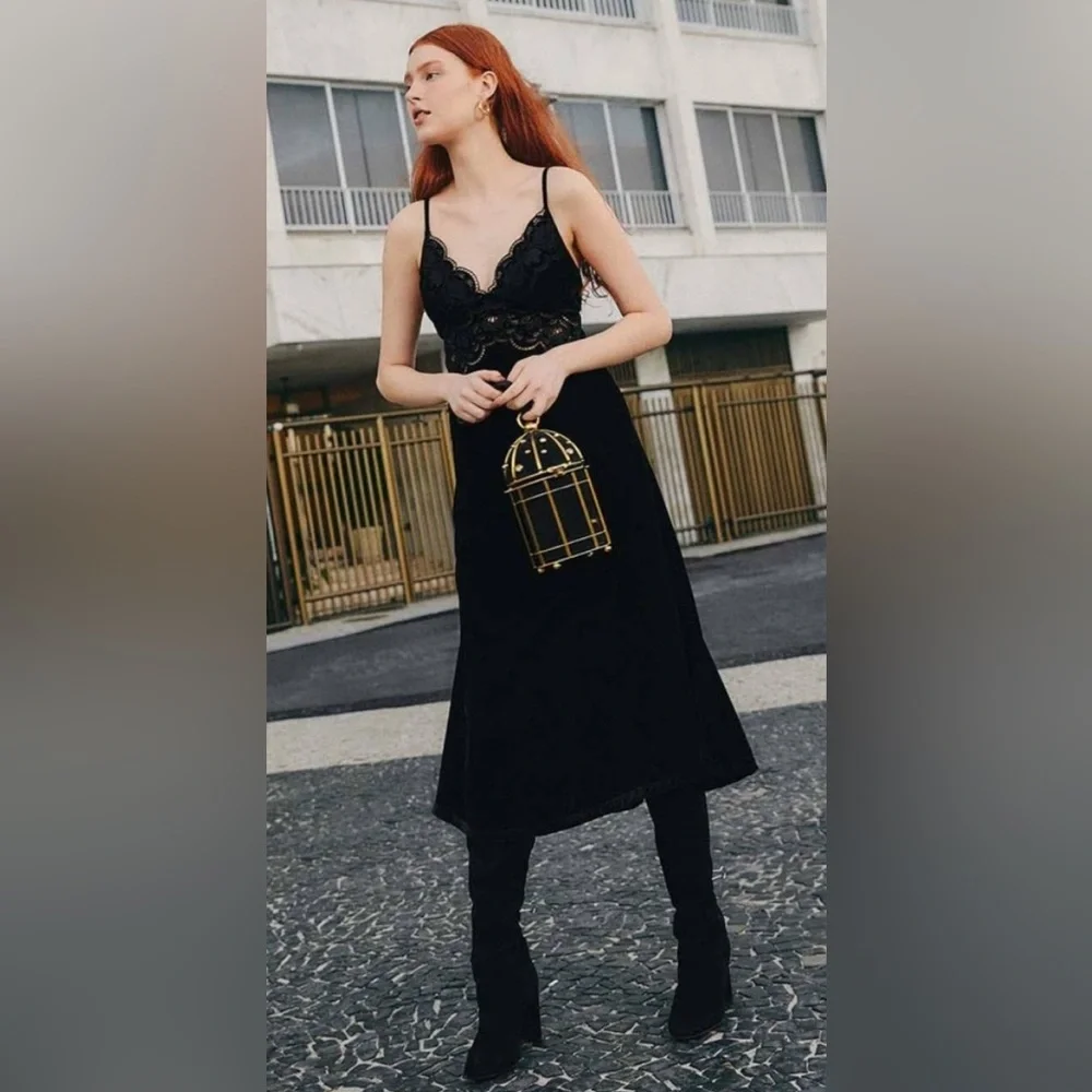 Farm Rio Black Richelieu Velvet Slip Dress - Picture 2 of 7